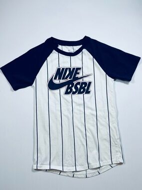 Nike Short Sleeve T-shirt in White and Navy Baseball Pinstripe - BSBL Logo